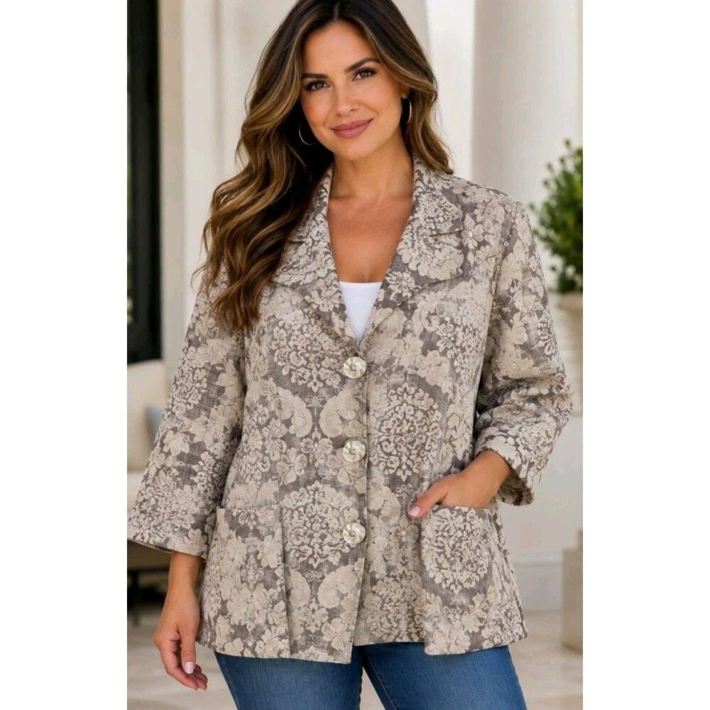 Rossi Roma Jacket L Silhouette Damask Floral Tapestry Pockets Button Italy